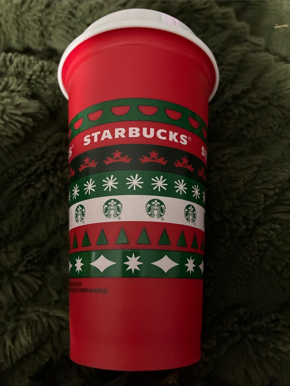 Starbucks Red and Green Holiday Patterned  Plastic Reusable Cup. 2013 16oz